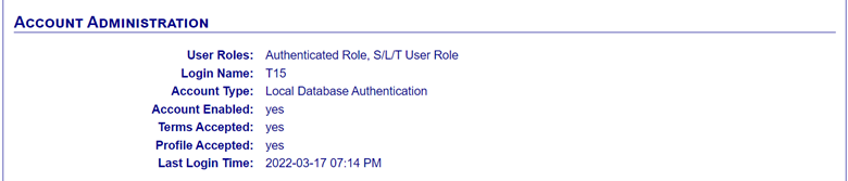 What the Account Administration section should look like. It includes 
                                        the user's roles, login name, account type, if the account is enabled, if the terms are accepted,
                                        if the profile is accepted, and last login time.